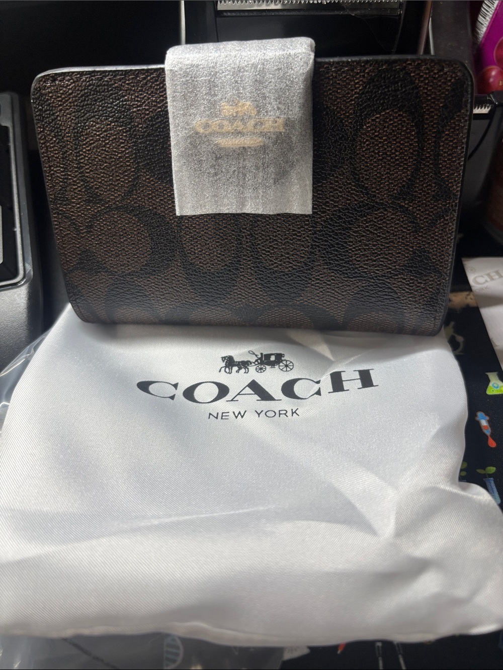 NIB LCoach Brown Signature Canvas Continental Wallet with Black Accents